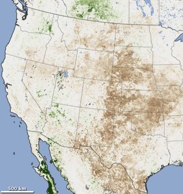 Satellite image showing dried out vegetation across the united states. Credit NASA Earth Observatory