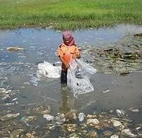 Child scavenges a flooded dump, standing hip-deep in toxic water.(Photo courtesy Blacksmith Institute)