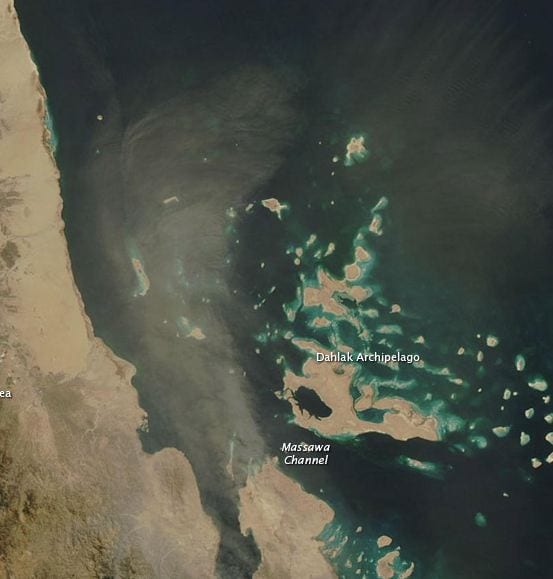 satellite imagery of dust plumes off the coast of Eritrea. Credit: NaSA Earth Observatory