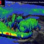 A three-dimensional, detailed structure of Hurricane Sandy measured by the TRMM Precipitation Radar (PR) on Oct. 28, 2012 at 1725 UTC (1:25 PM EDT). Source: NASA.