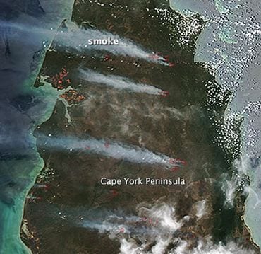Satellite imagery of fires in Cape York Peninsula. Credit: NASA Earth Observatory