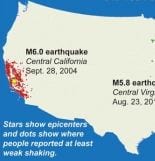Map showing earthquakes and their perception. image via USGS.