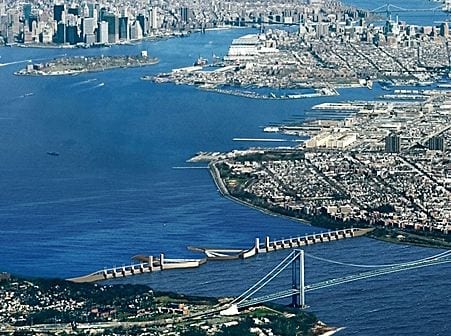 ARCADIS, a Dutch corporation, has proposed a storm surge barrier (shown in this illustration) across the Verrazano Narrows that would allow for large and small ship traffic and for natural tidal flow when no storms are present. (Arcadis)