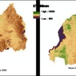 An EVI map of Rwanda derived from Terra's MODIS sensor showing the average vegetation cover change during reforestation efforts from 2000 to 2011. Image Credit: DEVELOP Langley Team.