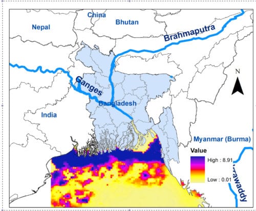This figure shows chlorophyll in autumn over the Bay of Bengal region. Image Credit: Dr. Antarpreet Jutla.