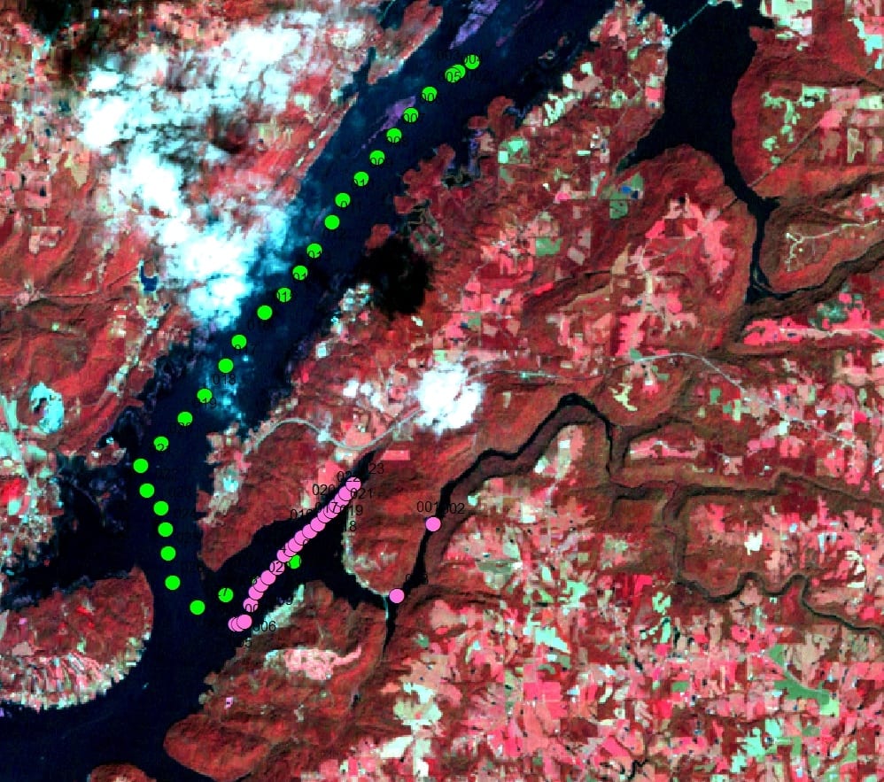 Landsat data (bands 4, 3, 2) were used with in-situ measurements to estimate the secchi disk depth of Guntersville Lake in Marshall County, Alabama. The pink points represent field data taken on Oct. 06, 2012 and the green points represent field data taken on the Oct. 21, 2012. Image Credit: DEVELOP Marshall Team.