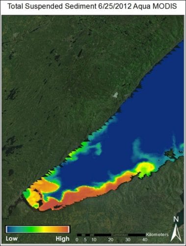 Total suspended sediment (TSS) of western Lake Superior on June 25, 2012, derived from Aqua MODIS surface reflectance data. Image Credit: DEVELOP Great Lakes Team.
