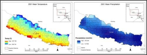 Two parameters (temperature and precipitation) used in the Nepal vulnerability assessment, which considered gradual changes in temperature, precipitation, and extreme climate events.  NASA EOS data was used to measure the change in temperature and precipitation using GLDAS and TRMM respectively. Image Credit: Marshall DEVELOP Team.