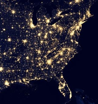 Imae of the eastern united states at night. Credit: NASA Earth Observatory/NOAA NGDC