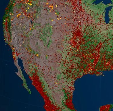 Image showing the number and intensity of fires in the USA. Credit: NASA Earth Observatory