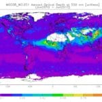 Map showing average global AOD for the year 2010, retrieved from MODIS measurements. Source: NASA via Giovanni portal. Image Credit: Acker and Leptoukh, 2007.