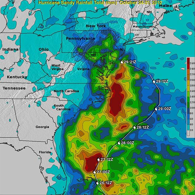 Image of a TRMM Multisatellite Precipitation Analysis of cumulative precipitation [mm] for the period of Oct. 24-31, 2012, with superimposed track. Image Credit: Harold Pierce, NASA/GSFC.