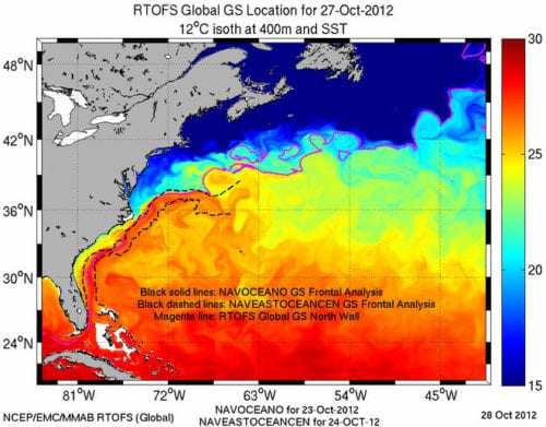 Figure showing sea surface temperature (°C) with ~26-degree isotherm (dash line) on Oct. 27, 2012. Image Credit: NOAA/NCEP/EMC/MMAB/RTOFS.