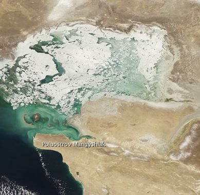Satellite imagery of ice on the Caspian Sea. Credit: NASA Earth Observatory.