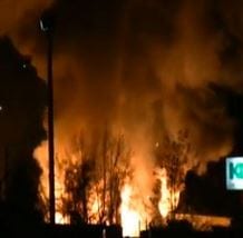 A battery recycling plant in Trail, B.C., in flames. Photo: TMTV