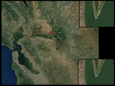 The image on the left shows the general location of the Twitchell Island insets. The two insets on the right show Twitchell Island, with the inset in the upper right corner showing a final seep detection product highlighting probable seepage areas along the levee. Image Credit: DEVELOP