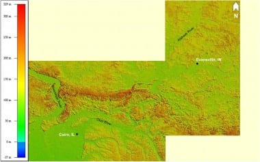 NASA SRTM imagery displaying terrain elevation within the Wabash Valley Seismic Zone. Image Credit: DEVELOP