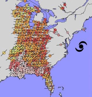 This map, taken from a University of Utah video, shows colored dots to represent the locations of portable seismometers in the Earthscope array, which is funded by the National Science Foundation. Most are now located in the eastern part of the United States. Blue-green dots indicate low seismic activity, while yellow-orange-red dots indicate stronger seismic activity. The map shows that when superstorm Sandy turned west-northwest toward Long Island, New York City and New Jersey on Oct. 29, 2012, the seismometers “lit up” because of ground shaking by certain ocean waves imparting energy to the seafloor. (Credit: Keith Koper, University of Utah Seismograph Stations.)