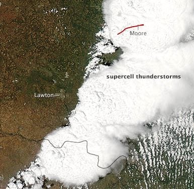 Satellite imagery of the supercell that brought tornadoes to Oklahoma. Credit: NASA