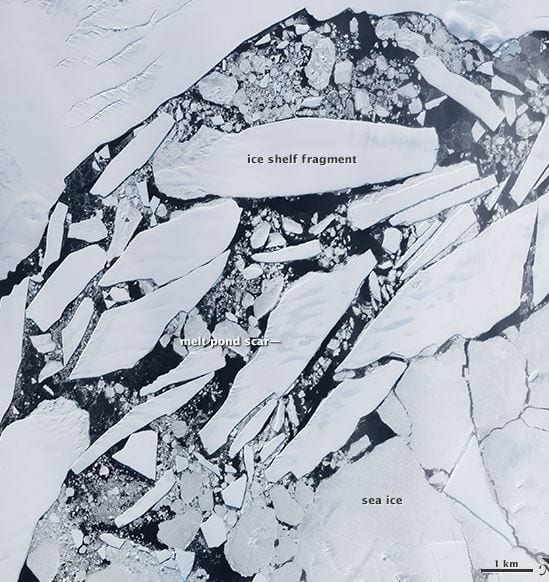 Photo o ice breaking up on Wilkins Ice Shelf. Credit: NASA