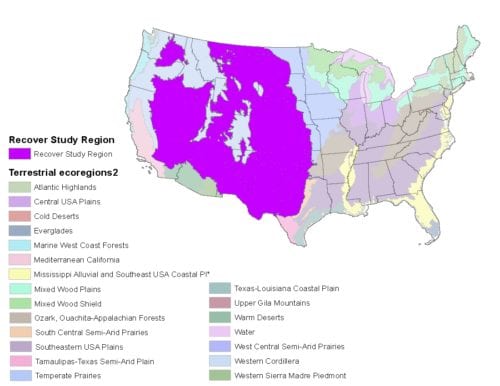<em>Figure 1: Overview map of Savanna ecosystems of the United States which would be served by the RECOVER system. Image Credit: Akiko Elders.</em>