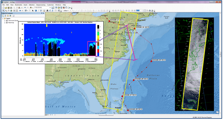 Figure 2.  Produced by ASDC data, this map shows the track of Hurricane Sandy in 2012 with MISR and CALIPSO data products being highlighted in yellow and purple, respectively. Image Credit: Emily Northup & Matthew Tisdale.