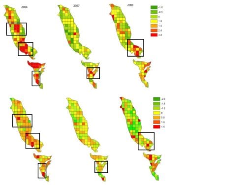 Figure 3: (top) Hot pixel anomalies for the first quarter in 2004, 2007, and 2009.  (bottom) NDVI anomalies for the same three-month period in 2004, 2007, and 2009.  The anomalies depart from the decadal mean normalized by the standard deviation of the time-series for each pixel (given spatial resolution of 0.25 degrees).  Highlighted pixels share anomalies for both parameters.  