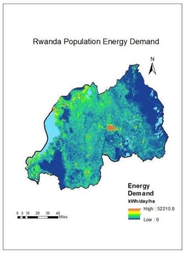Energy demand (2010) based on average energy consumption per capita and population distribution data from Suomi NPP satellite and AfriPop project, at 100-meter resolution. Image Credit: Rwanda Energy Team, NASA DEVELOP National Program. 