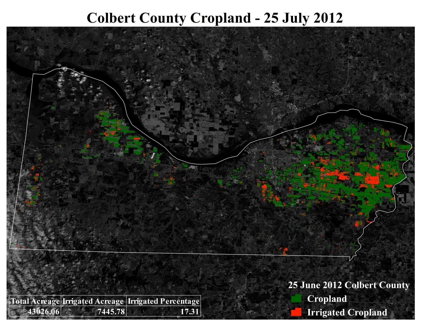 Colbert County in northwest Alabama is located directly on the Tennessee River. Using the National Agricultural Statistics Service (NASS) Crop Data Layer and a normalized difference vegetation index (NDVI) derived from a Landsat 7 image during the 2012 drought event, irrigated cropland can be inferred statistically and partition rain-fed versus irrigated crops. Image Credit: Alabama Agriculture Team, NASA DEVELOP National Program.