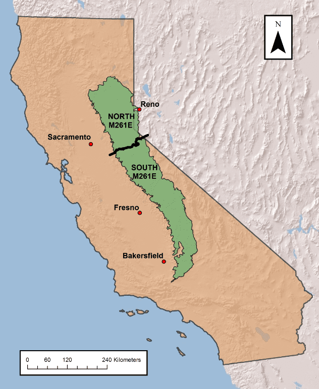 Figure 1. The M261E ecological region in California. Our study area is further split into north and south sub-regions.