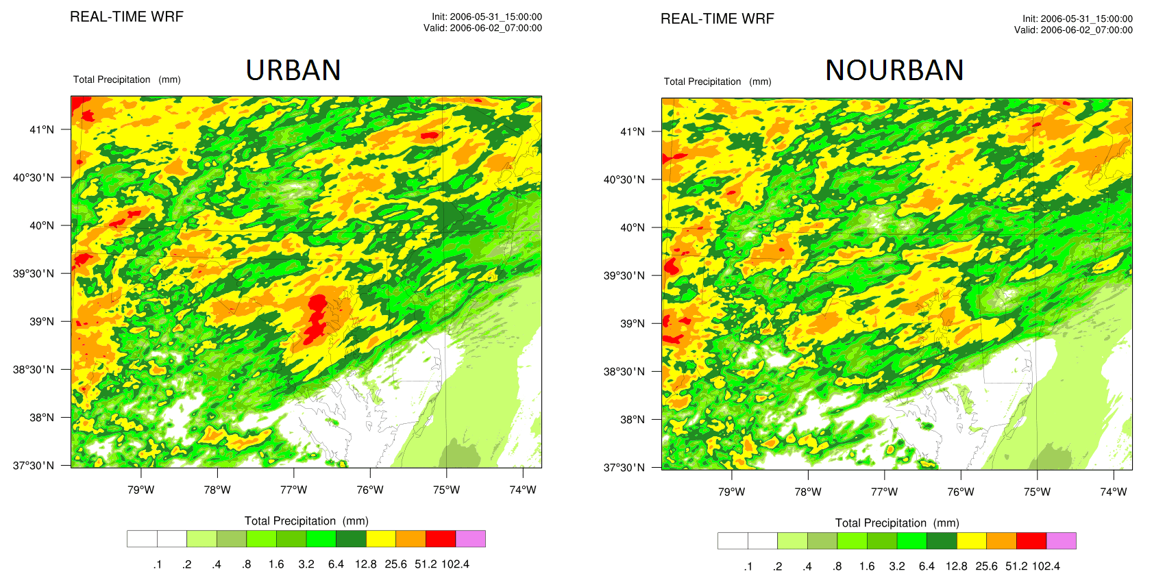 Figure 8 - Mesoscale model results illustrating how the convective precipitation field (in mm) varies with and without urban land cover in the WRF model simulation. Image Credit: Co-Author Andersen.