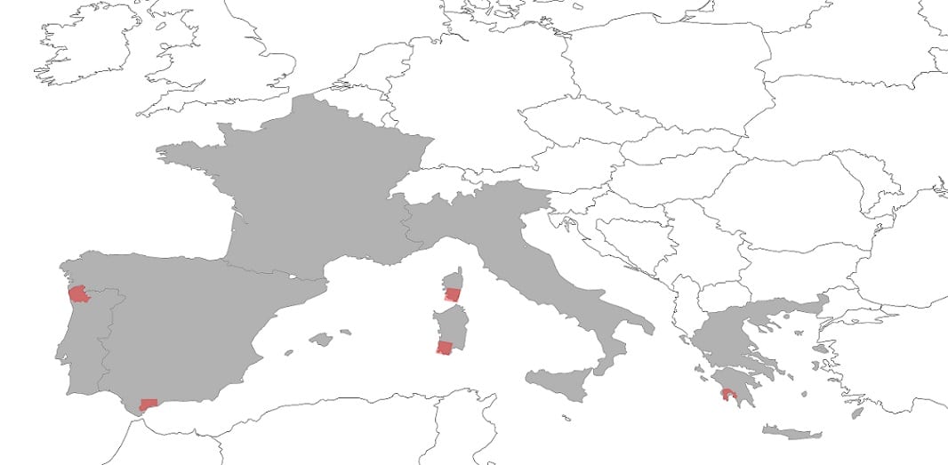     Fig. 1. In gray, the countries where the project partners are located, and in red, the project test areas. Image Credit: Authors.