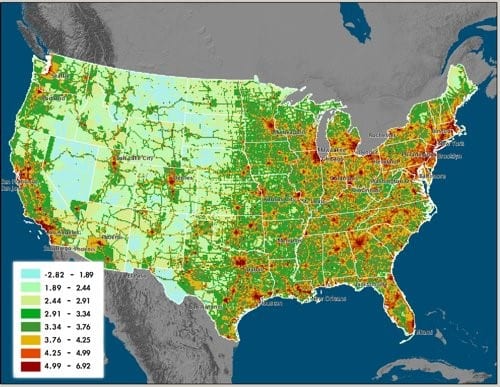 Figure 6 - U.S. carbon dioxide emissions in 2002 from various industrial, commercial, and residential sources for 2002.  Units are log base 10 of metric tonnes of carbon/gridcell/year. Image Credit: Vulcan Project, Purdue University.