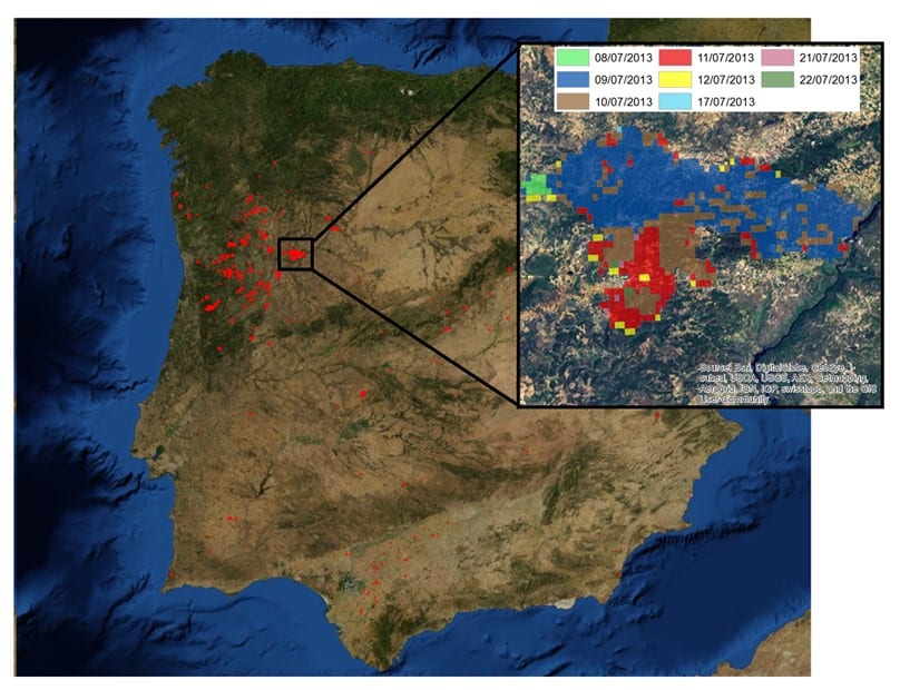 Figure 2: MODIS-based identification of the fires in Portugal in 2013. The inset shows an image of the largest fire that occurred in 2013 near Alfandega da Fe, which burned around 15,000 hectares in mid-July 2013. The burnt areas in each day were traced using MODIS imagery. Data obtained from JRC and MODIS burned area products webpage (Roy et al., 2002). Image Credit: Luis Mário Ribeiro.