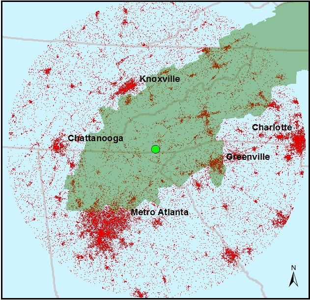 Figure 2 - ÛÏRing of AsphaltÛ around the Southern Appalachia, circa 2006. Red represents areas of urban impervious land cover as derived from the National Land Cover Dataset (NLCD). Image Credit: Generated by co-Author Strother using NLCD.