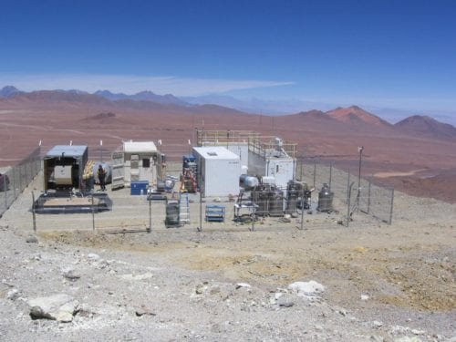 Figure 5. FIRST trailer, third from left, on Cerro Toco, Chile, at 17,500 feet, August 2009. Image Credit: M. Mlynczak.