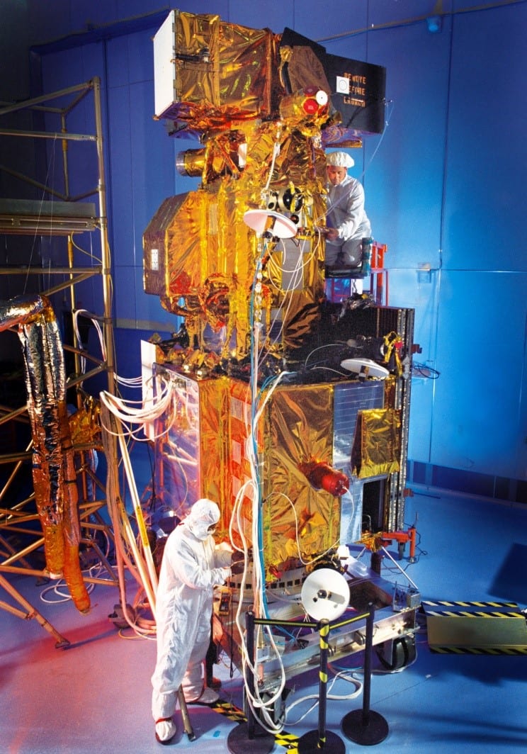 Landsat 7, pre-launch inspection, 1999. Image Credit: Lockheed Martin Corp
