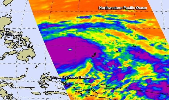 Infrared image of Typhoon Haiyan by NASA's Aqua satellite. Purple indicates extremely cold tempertures at cloud tops extending out horizontally a large distance from the typhoon's eye, a sign of a very powerful storm. Image Credit: NASA/JPL, Ed Olsen.