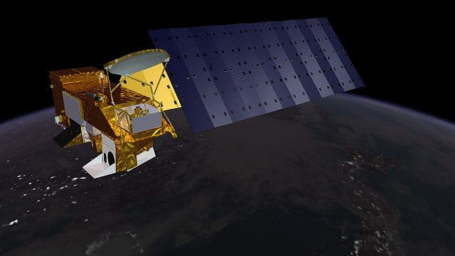 NASA satellite Aqua, on a sun-synchronous orbit, carries sensors to observe all parts of the Earth's water cycle. Image Credit: NASA.