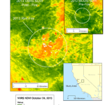 2013 California Rim Fire - MODIS Normalized Difference Vegetation Index (NDVI) pre-fire and VIIRS NDVI post-fire, which clearly shows the affected area. 