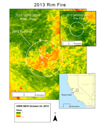 2013 California Rim Fire - MODIS Normalized Difference Vegetation Index (NDVI) pre-fire and VIIRS NDVI post-fire, which clearly shows the affected area.     