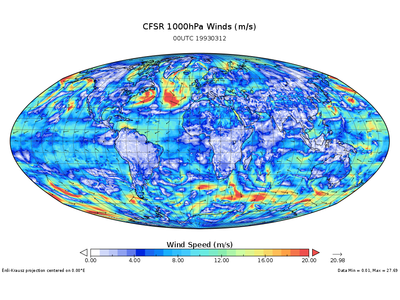 Figure 1: A global plot of near-surface winds from March 12, 1993. The image was produced by downloading a subset of data through the NOMADS THREDDS Data Server and then visualizing with NASA's Panoply visualization tool.
