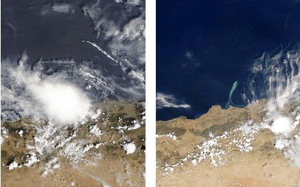 Figure 2. (left) Thunderstorms over Algeria, Aug. 10, 2003, as observed by MODIS. (right) On the day following the storms, runoff from the streets of Algiers caused a phytoplankton bloom and discolored water likely due to sewage and other contaminants. These images demonstrate the connections between weather, climate, and water quality that can be investigated with data in Giovanni. 