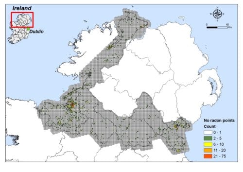Figure 5: Number of indoor radon measurements by 1-kilometer grid used in models. Image Credit: Geological Survey of Ireland/Ordnance Survey Ireland Licence No. EN 0047214.