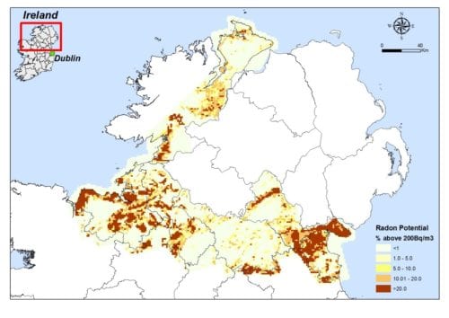 Figure 4: Model of radon potential risk derived from airborne uranium, groundwater recharge coefficient and karst values. Image Credit: Geological Survey of Ireland/Ordnance Survey Ireland Licence No. EN 0047214.