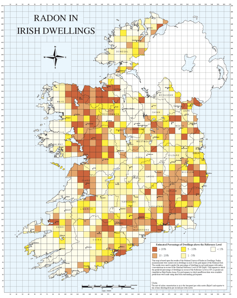 Figure 1: Radon risk map of Ireland based on indoor measurements, produced by the Radiological Protection Institute of Ireland. Data are presented as an estimated percentage of the likelihood of a dwelling within a defined area exceeding a reference level of 200 Bq/m3 radon gas indoors. 