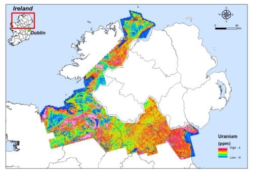 Figure 3: Equivalent uranium concentrations in parts per million (ppm) derived from Tellus Border airborne geophysical data, 2011-2013. Image Credit: Geological Survey of Ireland/Ordnance Survey Ireland Licence No. EN 0047214.