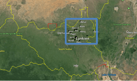 Figure 1. Map of 13 of 16 medical centers within South Sudan used in this study. Blue box indicates the study region within the northern states of South Sudan. Image Credit: Google Earth.