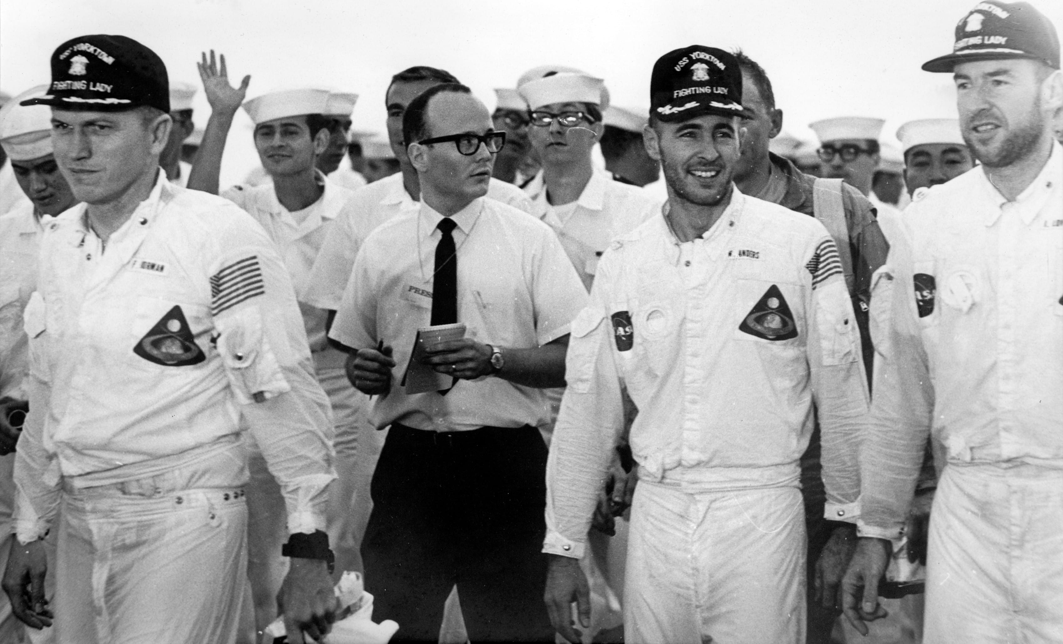 Left to right: Borman, Holcomb, Anders, and Lovell on the deck of the USS Yorktown. Image Credit: AP Photo/Bob Schultz.