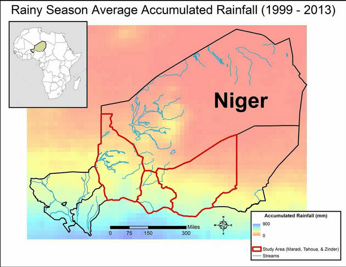 This map shows the distribution of average rainfall accumulation in Niger, with limited rain in the northern desert regions and relatively more in the south. Image Credit: Niger Agriculture Team.